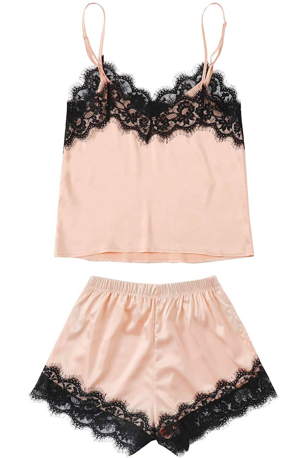 Apricot Lace Satin Sleepwear Cami Top and Shorts Pajama Set