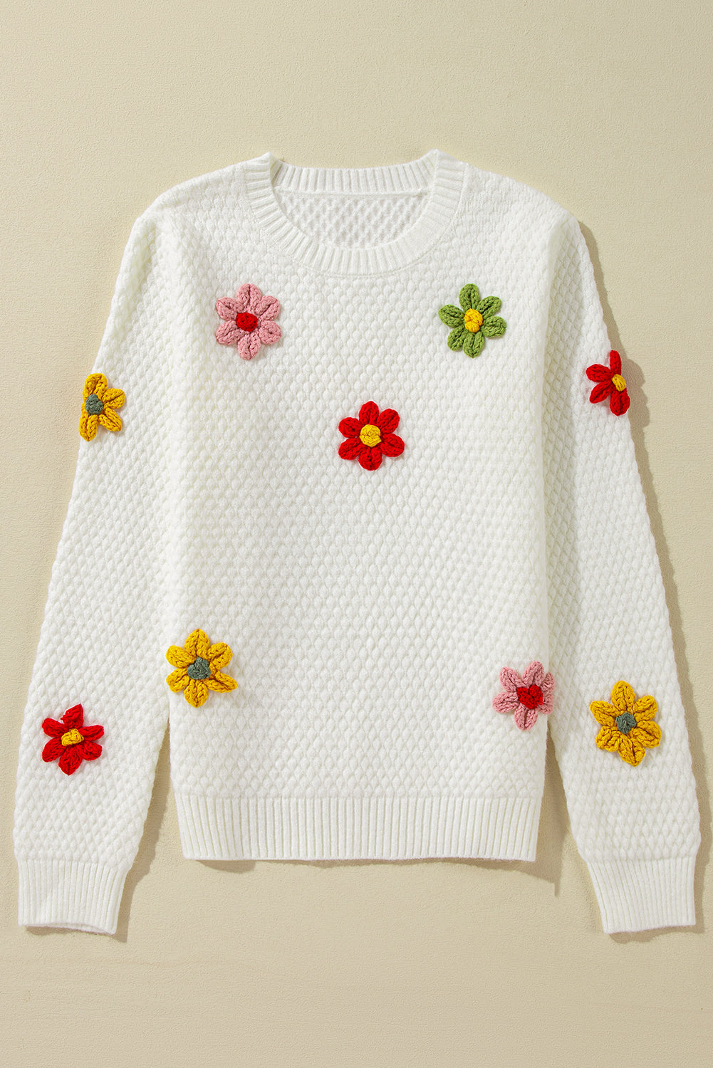 White Colorful Flower Applique Textured Knit Sweater