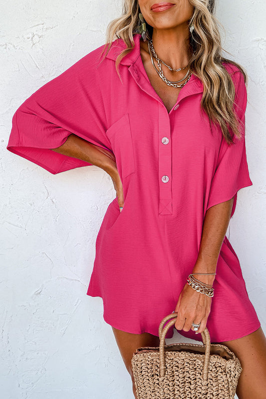 Bright Pink Half Button Collared Loose Romper