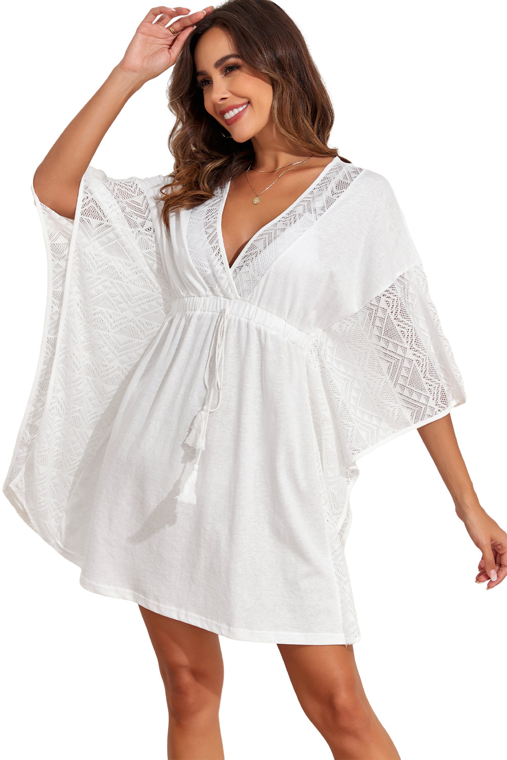 White Lace Patch Kimono Sleeve Tassel Drawstring Beach Cover Up