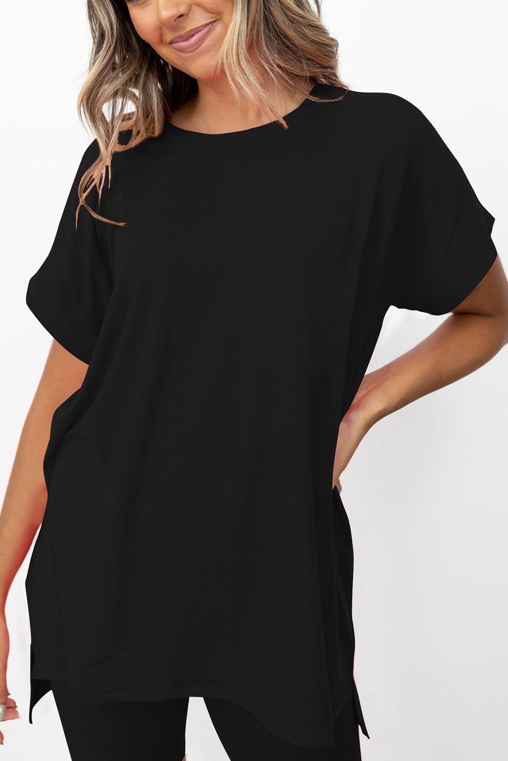 Black Solid Split Hem Tunic Tee and Tight Shorts Set