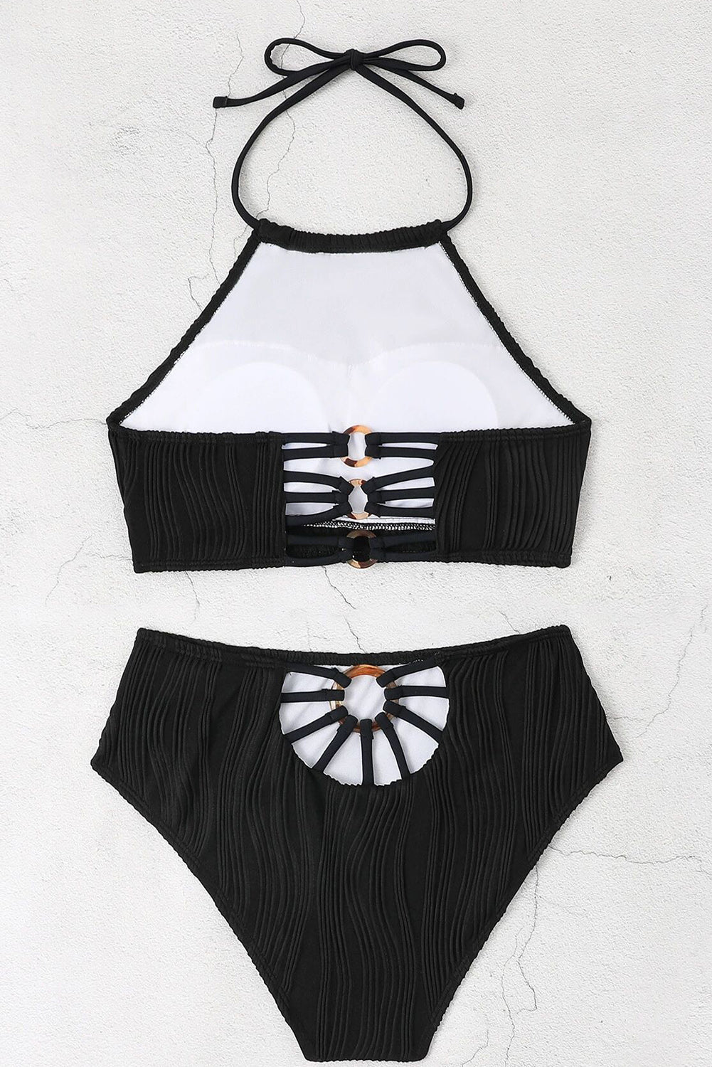 Black Textured O Ring Connected Halter Backless Bikinis