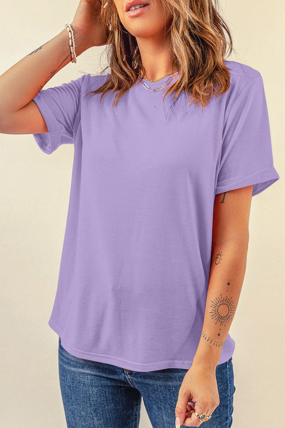 Wisteria Casual Plain Crew Neck Tee