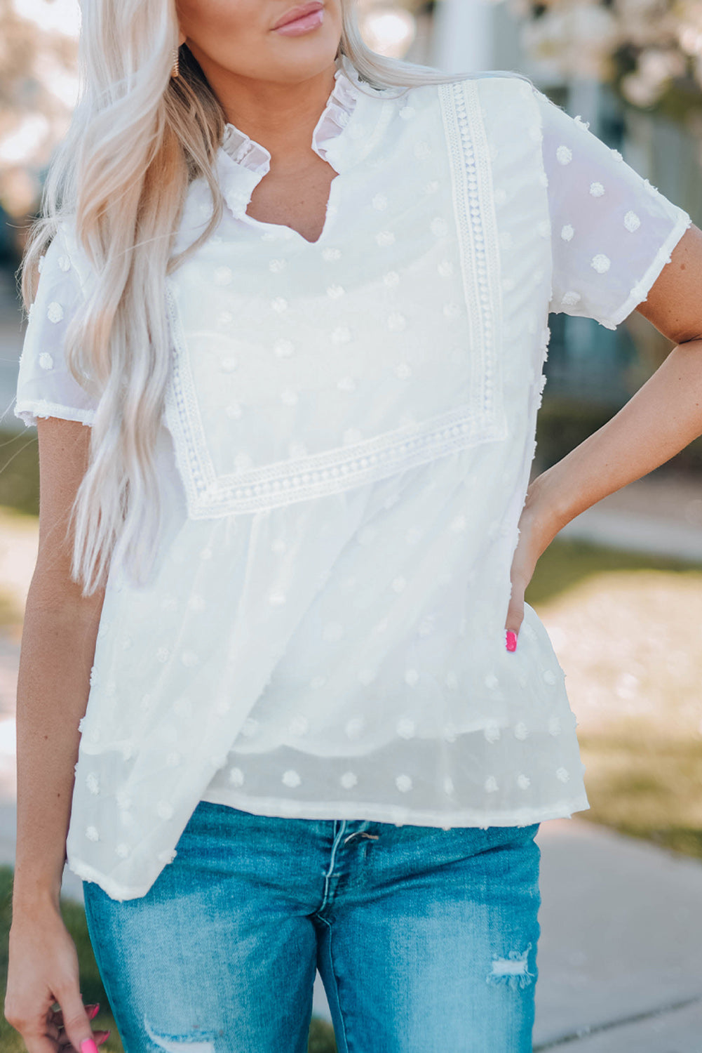 White Swiss Dot Short Sleeve Flowy Top