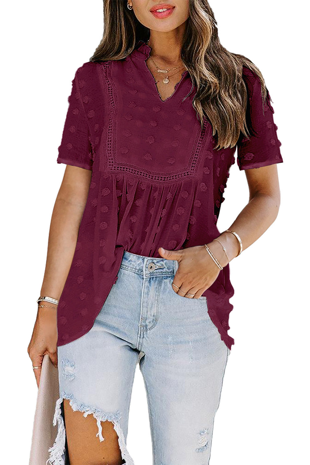 Burgundy Swiss Dot Short Sleeve Flowy Top