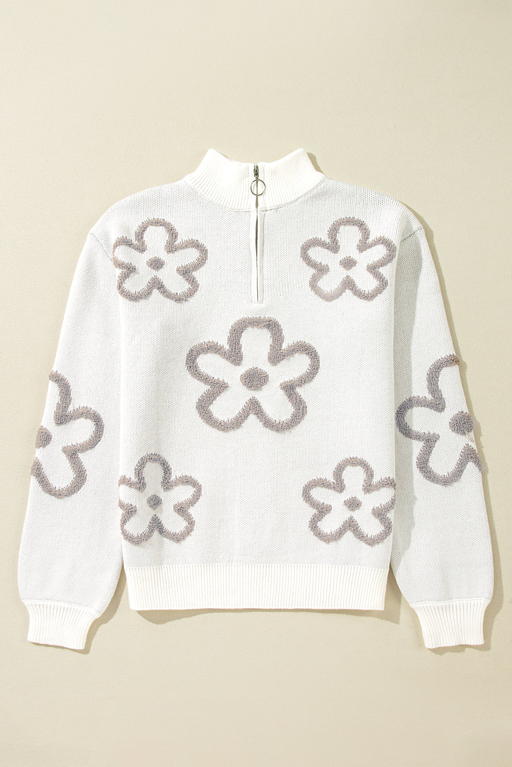 White Contrast Flower Half Zipper Stand Neck Sweater