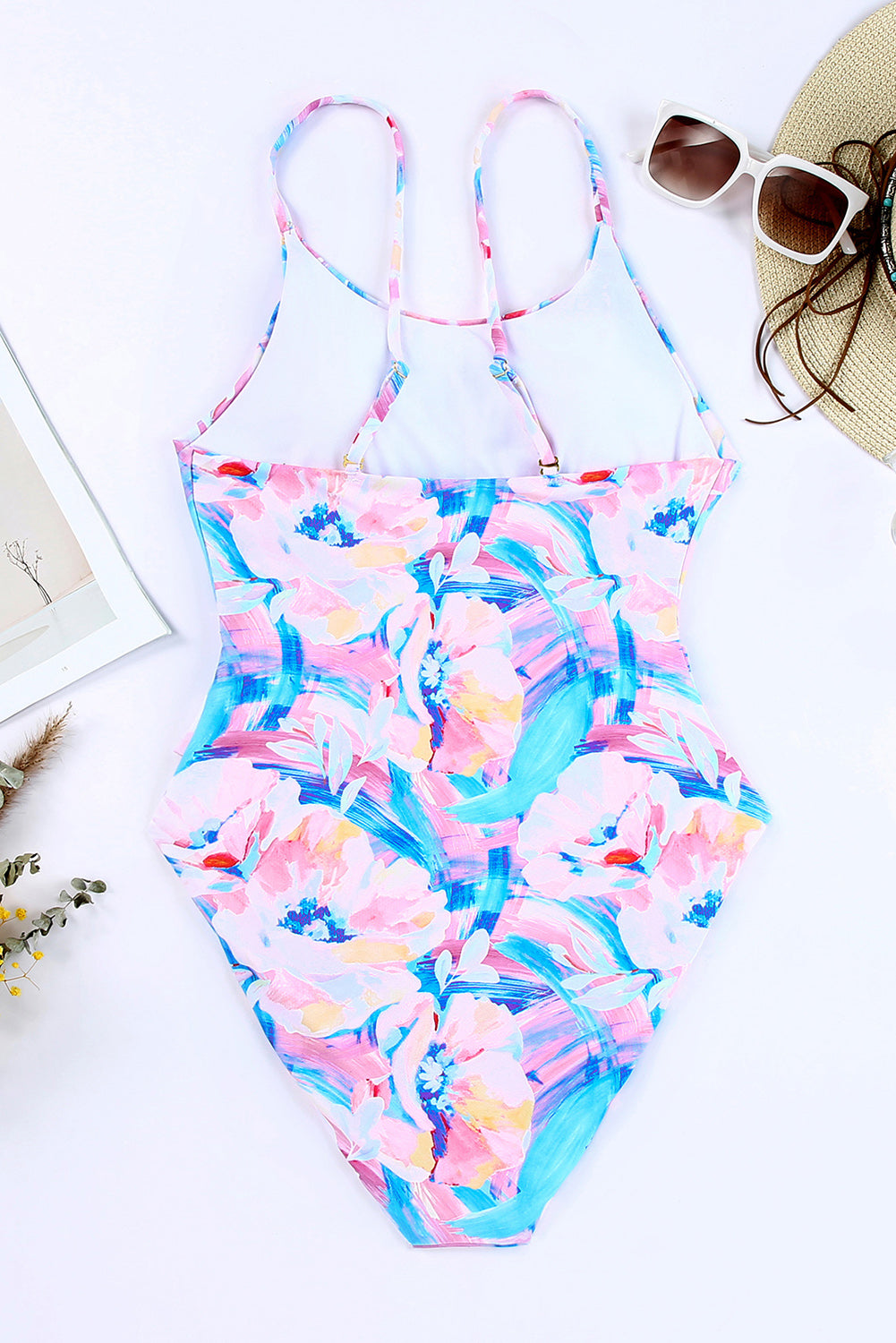 Pink Floral Print Lace-up High Waist One-piece Swimsuit