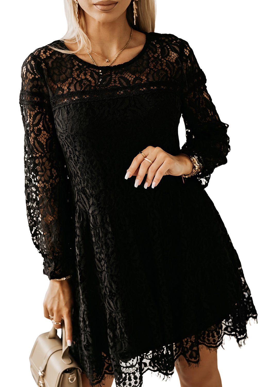 Black Lace Splicing Long Sleeve Mini Dress