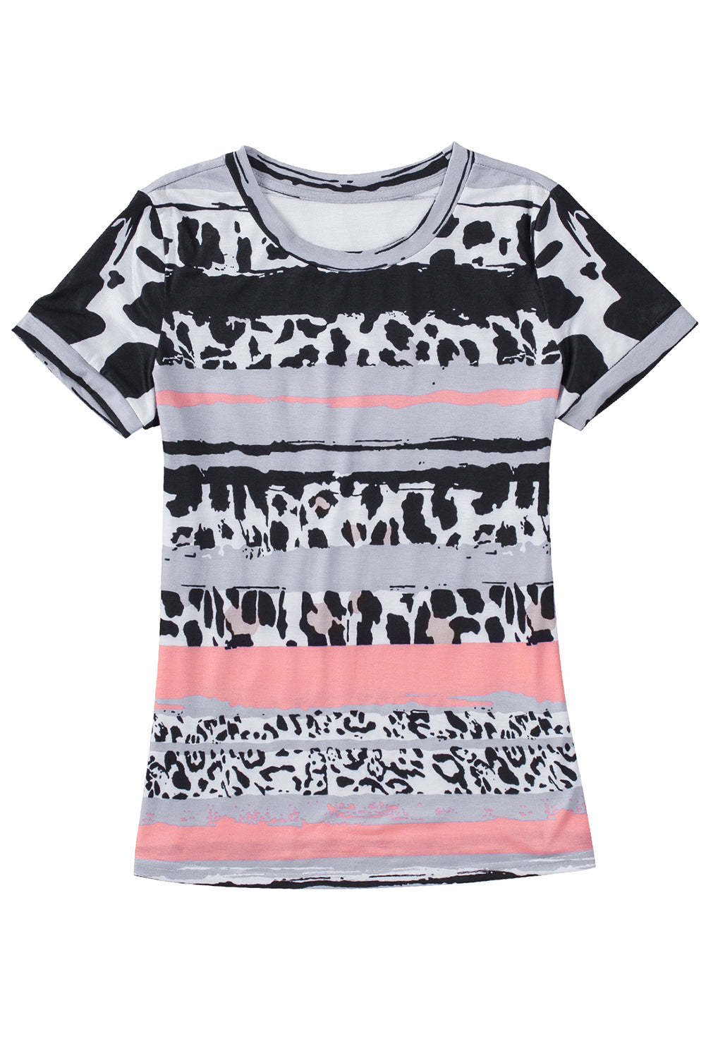 Gray Cow Leopard Striped O-Neck Western Tee