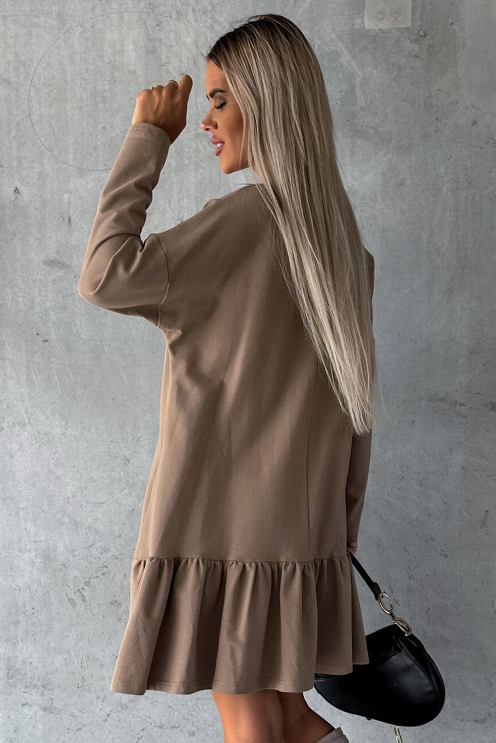 Chestnut Split Neck Long Sleeve Ruffled Loose Dress