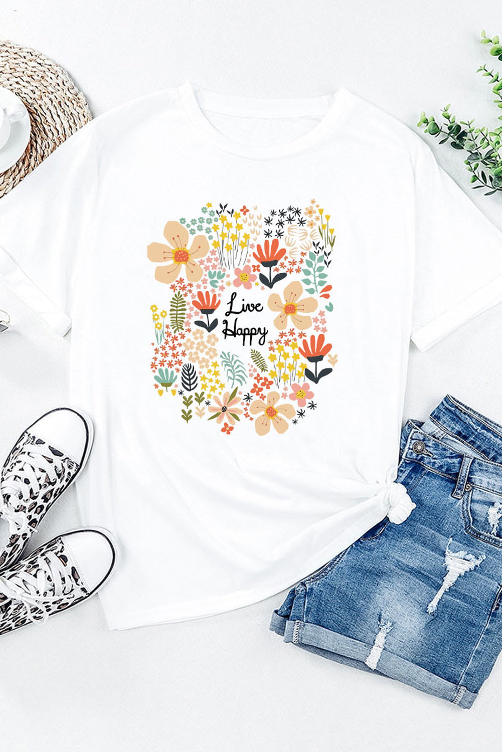 White Live Happy Floral Print T Shirt