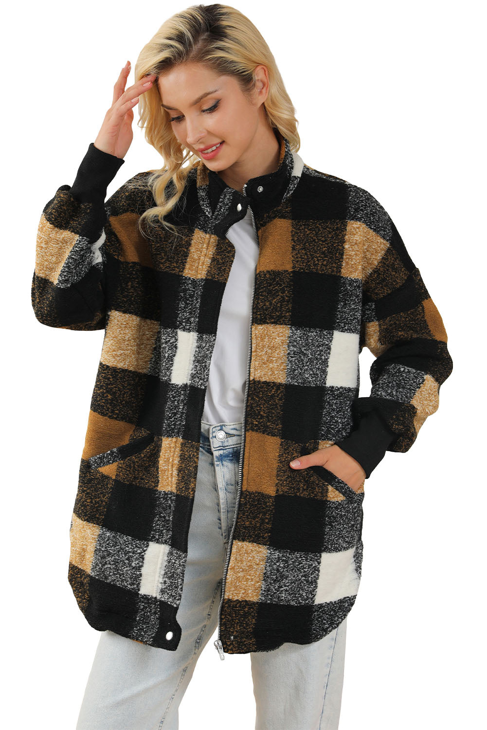 Black Zipper Side Pockets Plaid Overcoat