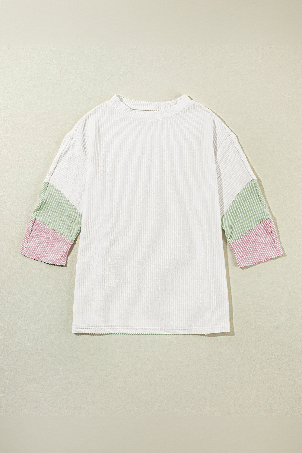 White Color Block Ribbed Knit Quarter Sleeve Top