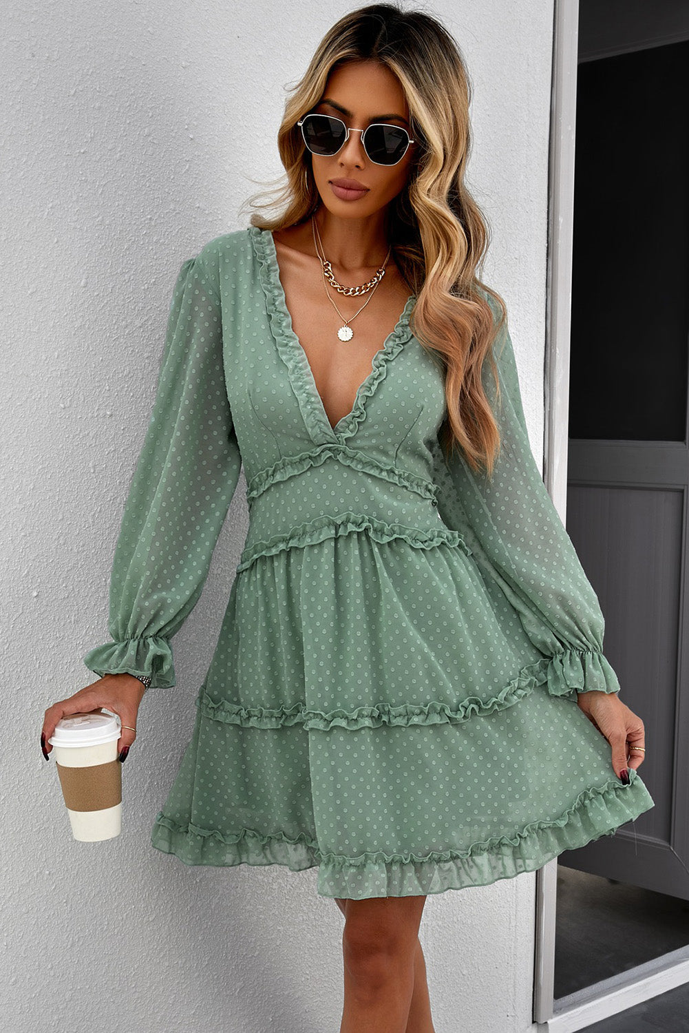 Green Layered Ruffled Open Back Puff Sleeve Swiss Dot Mini Dress