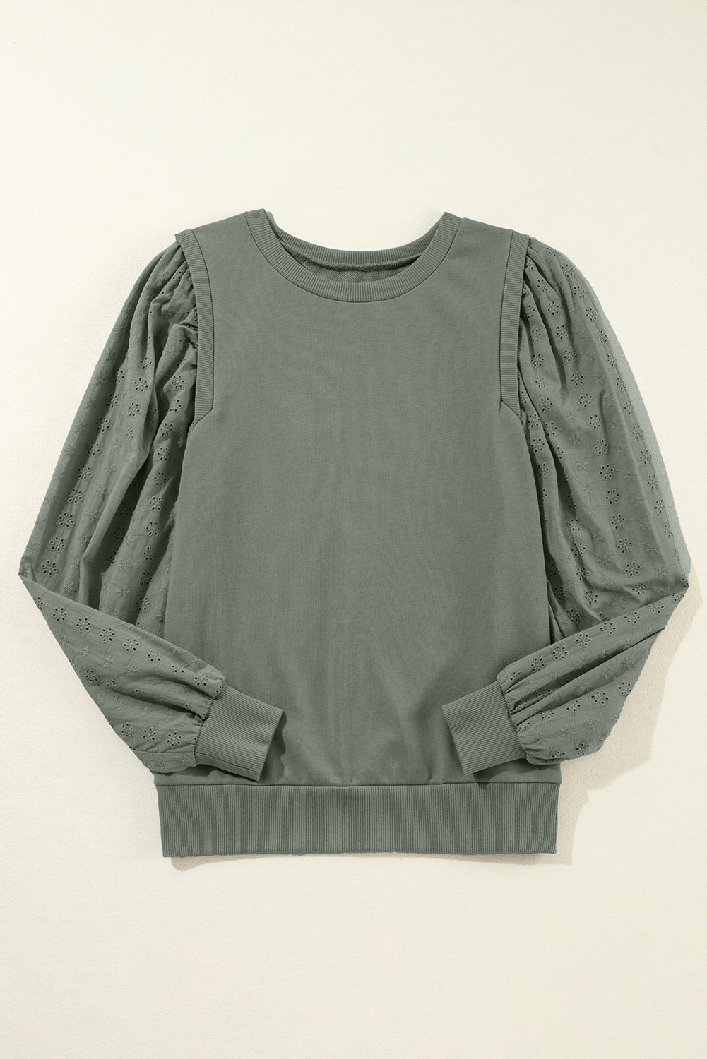 Grayish Green Solid Patchwork Sleeve Round Neck Sweatshirt