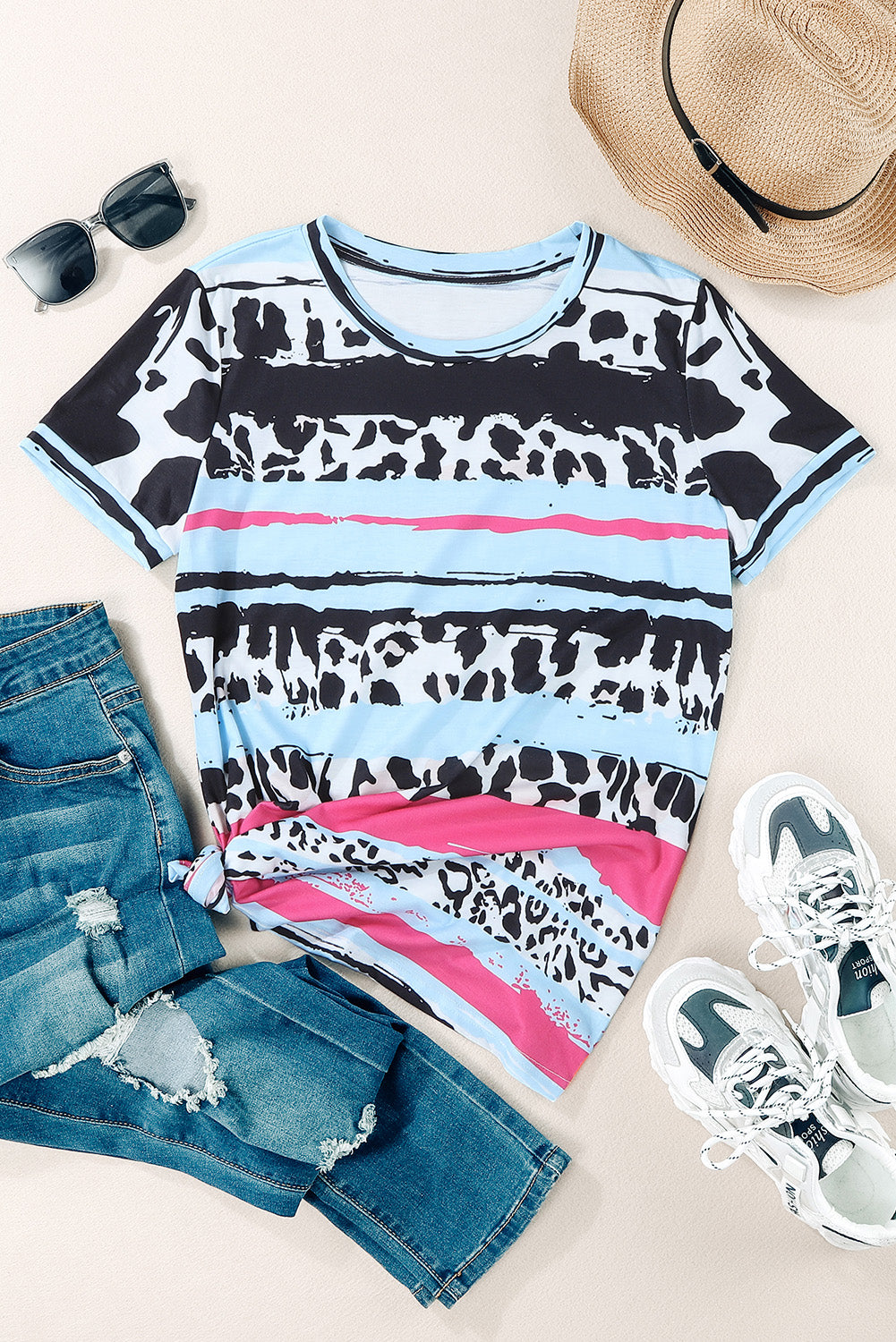 Cow Leopard Striped O-Neck Western Tee