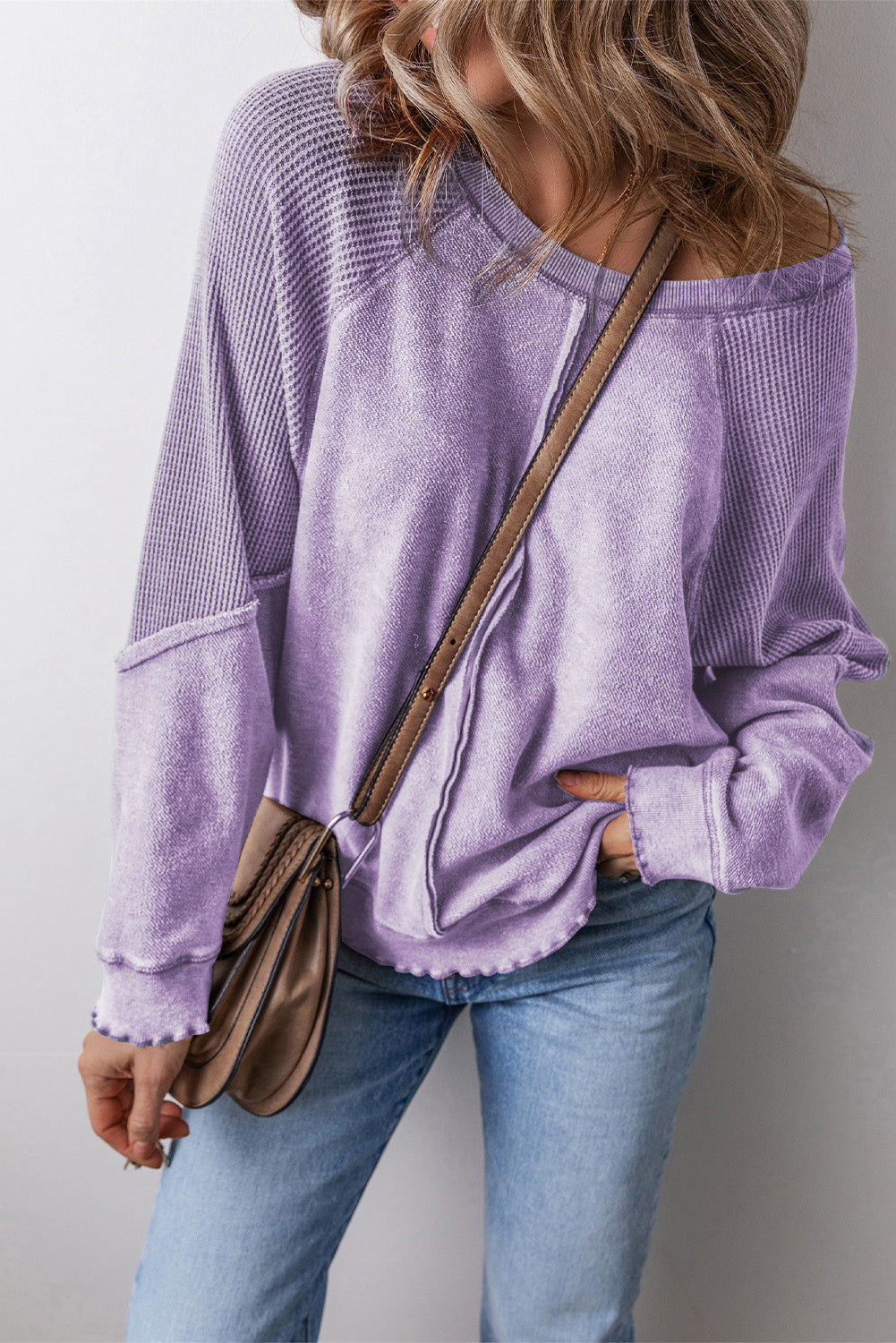 Orchid Petal Waffle Knit Patchwork Exposed Seam Raglan Sweatshirt