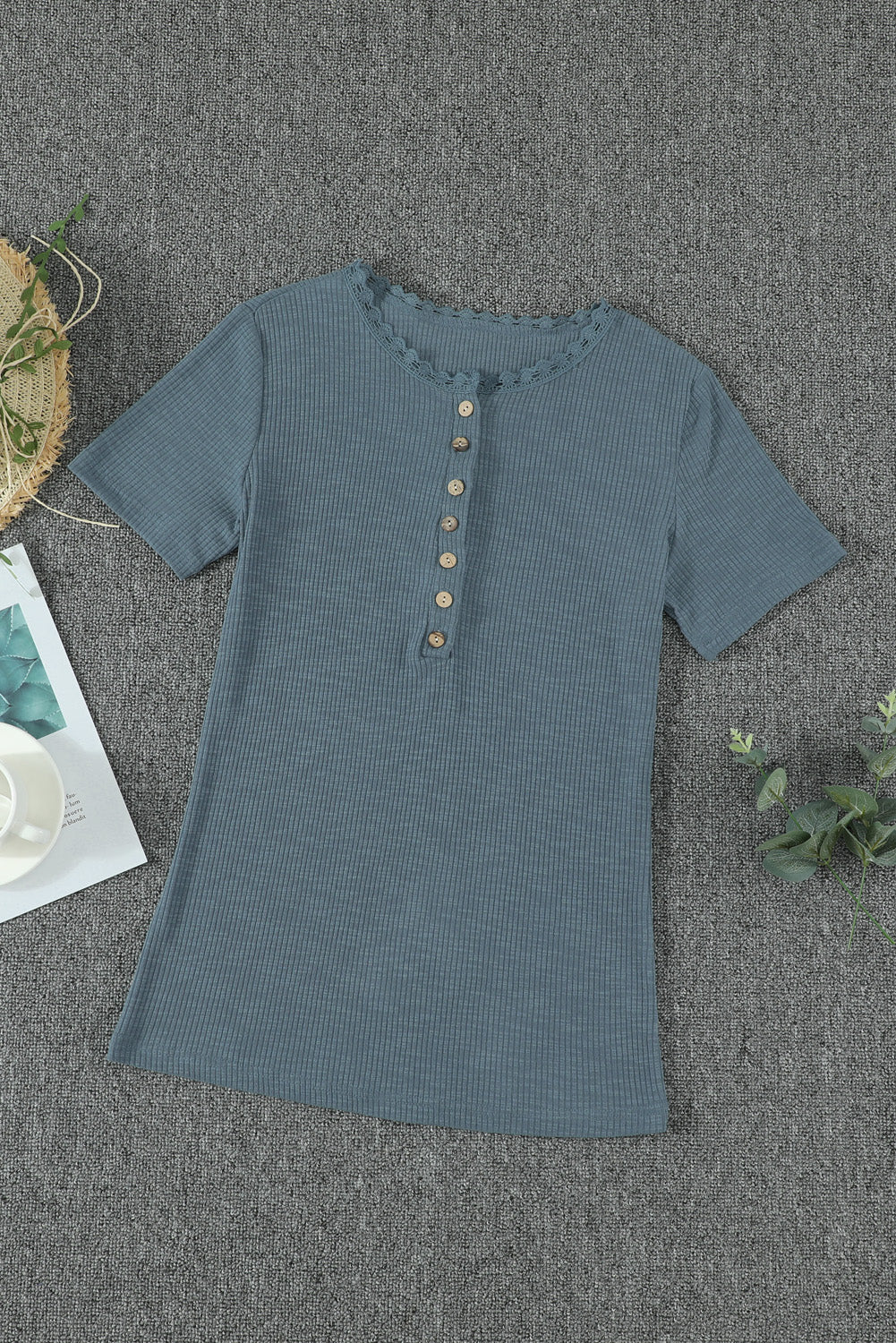 Blue Buttoned Ribbed Knit Short Sleeve Top