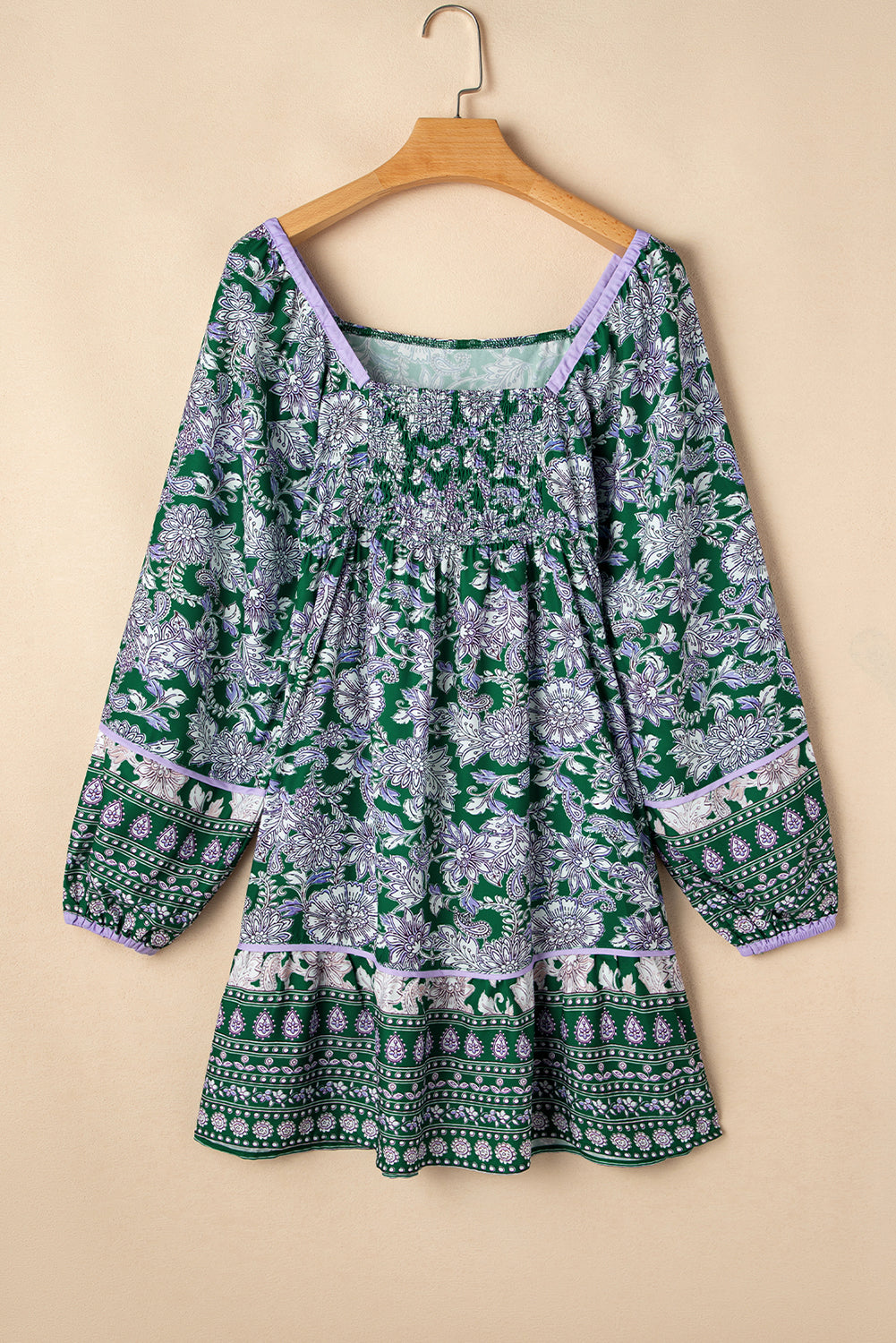 Green Floral Print Piping Trim Bubble Sleeve Square Neck Dress