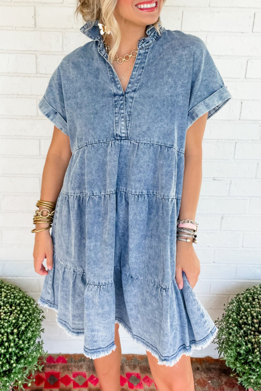 Sky Blue Acid Wash V Neck Tiered Denim Dress