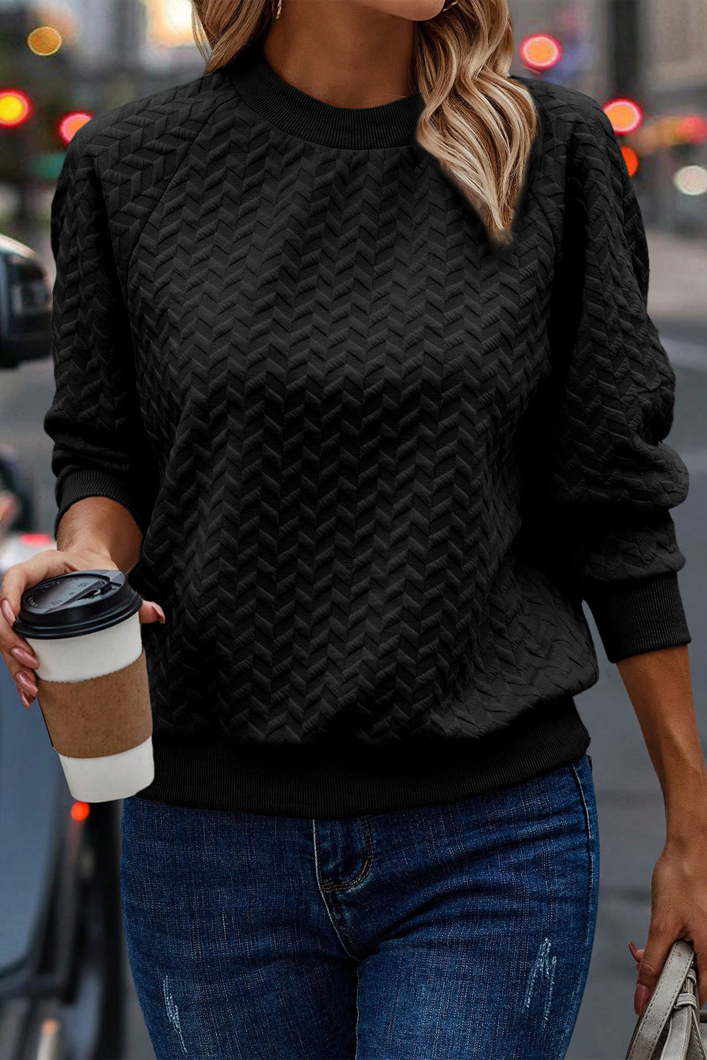 Black Solid Textured Raglan Sleeve Pullover Sweatshirt