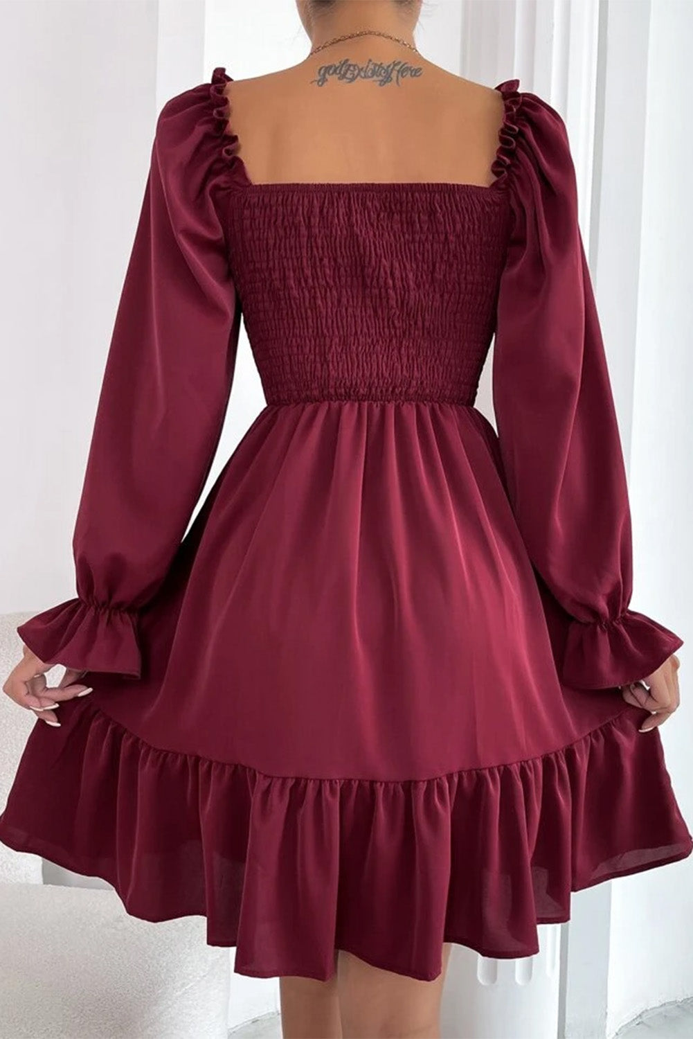 Burgundy Smocked Puff Sleeve Ruffle Mini Dress