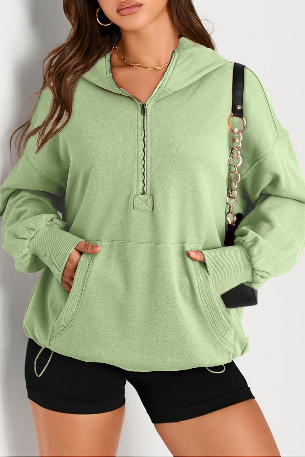 Smoke Green Solid Kangaroo Pocket Half Zipper Oversized Hoodie