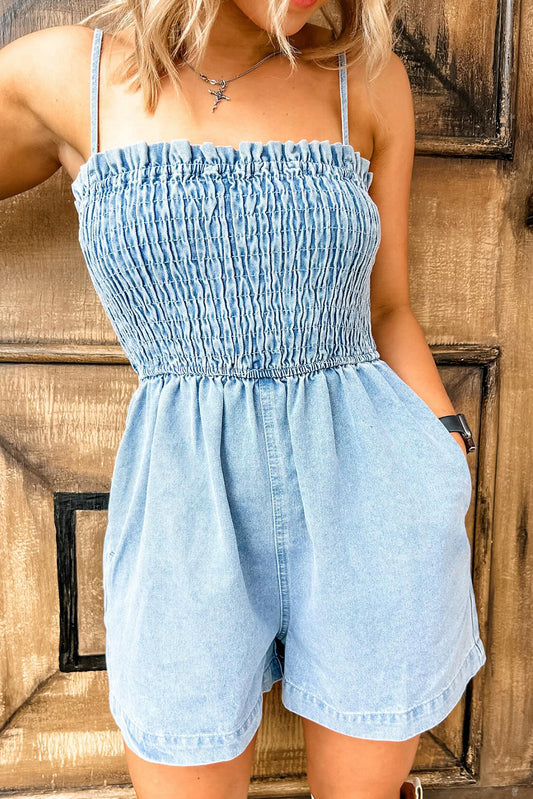 Beau Blue Spaghetti Strap Smocked Denim Romper