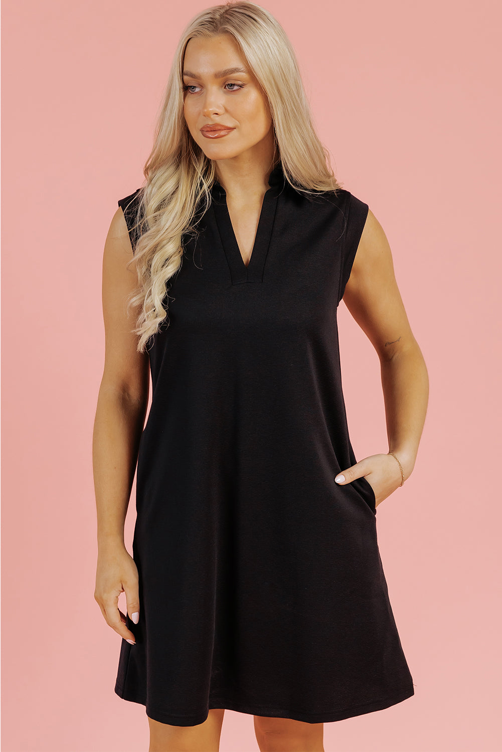 Black Solid Color Collared Slit Neck Sleeveless Mini Dress