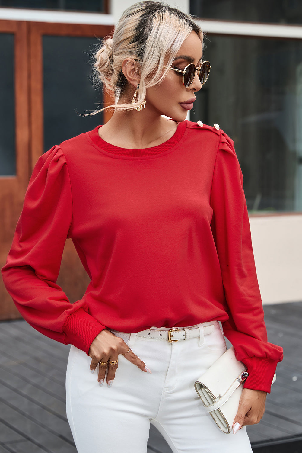 Fiery Red Button Tab Detail Long Sleeve Top