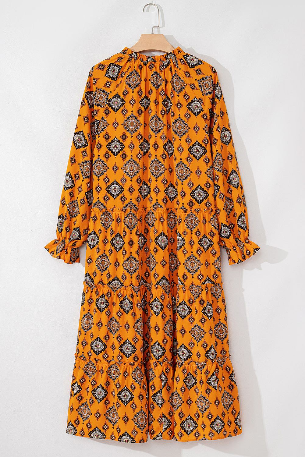 Orange Western Geometric Print Tiered Frilled Loose Fit Midi Dress