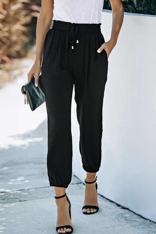 Black Solid Color Drawstring Smocked Waist Joggers