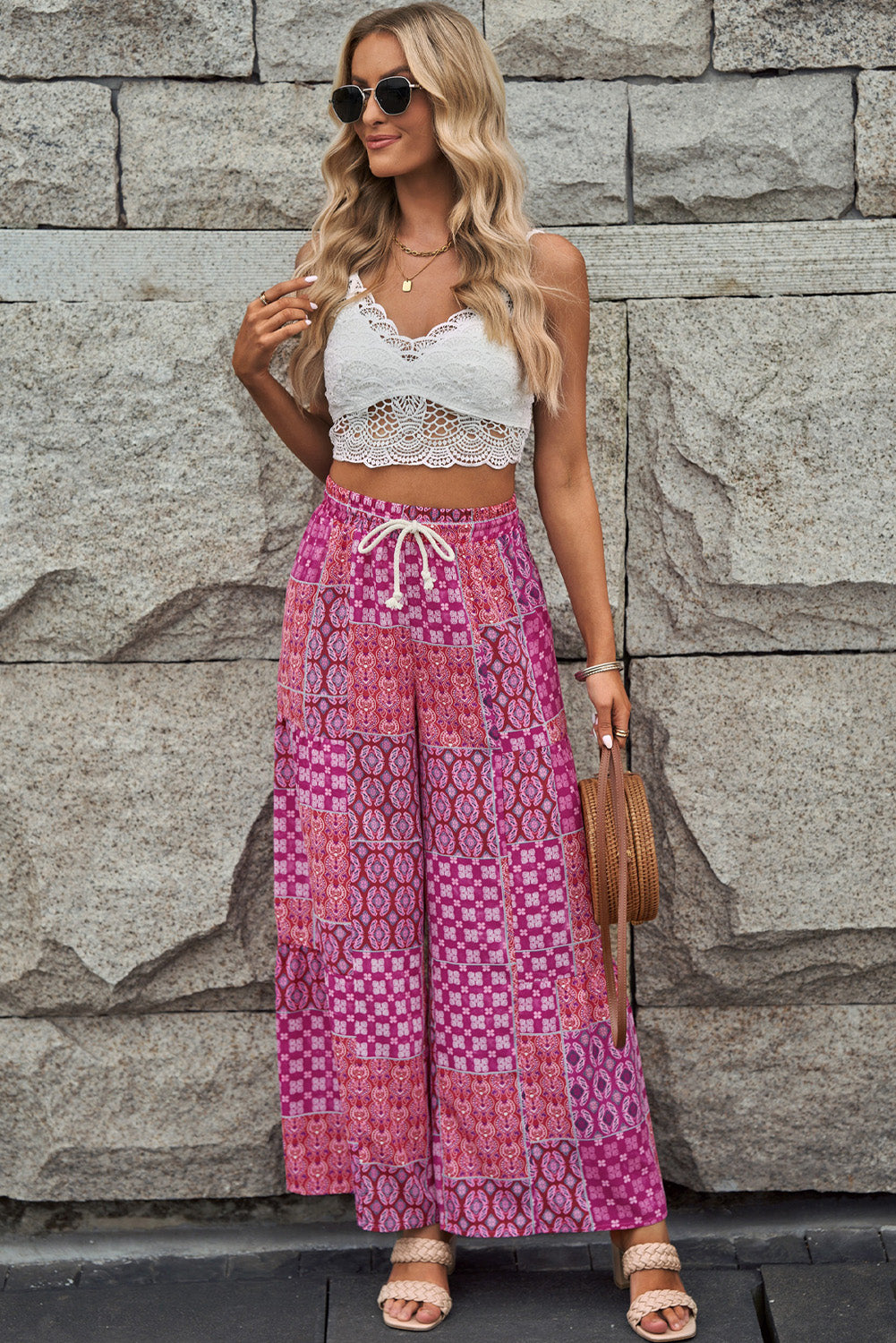 Purple Boho Patchwork Print Drawstring Wide Leg Pants