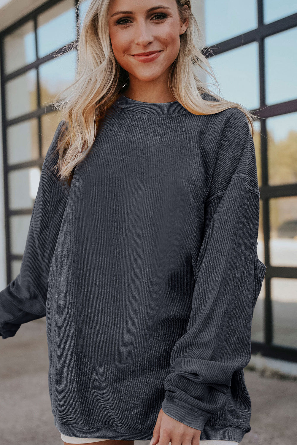 Dark Grey Ribbed Corded Oversized Sweatshirt