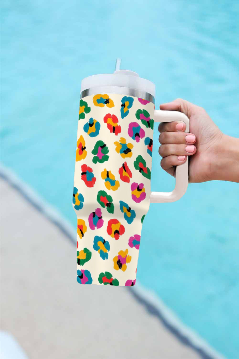 White Multi Color Leopard Print Handle Stainless Tumbler 40oz