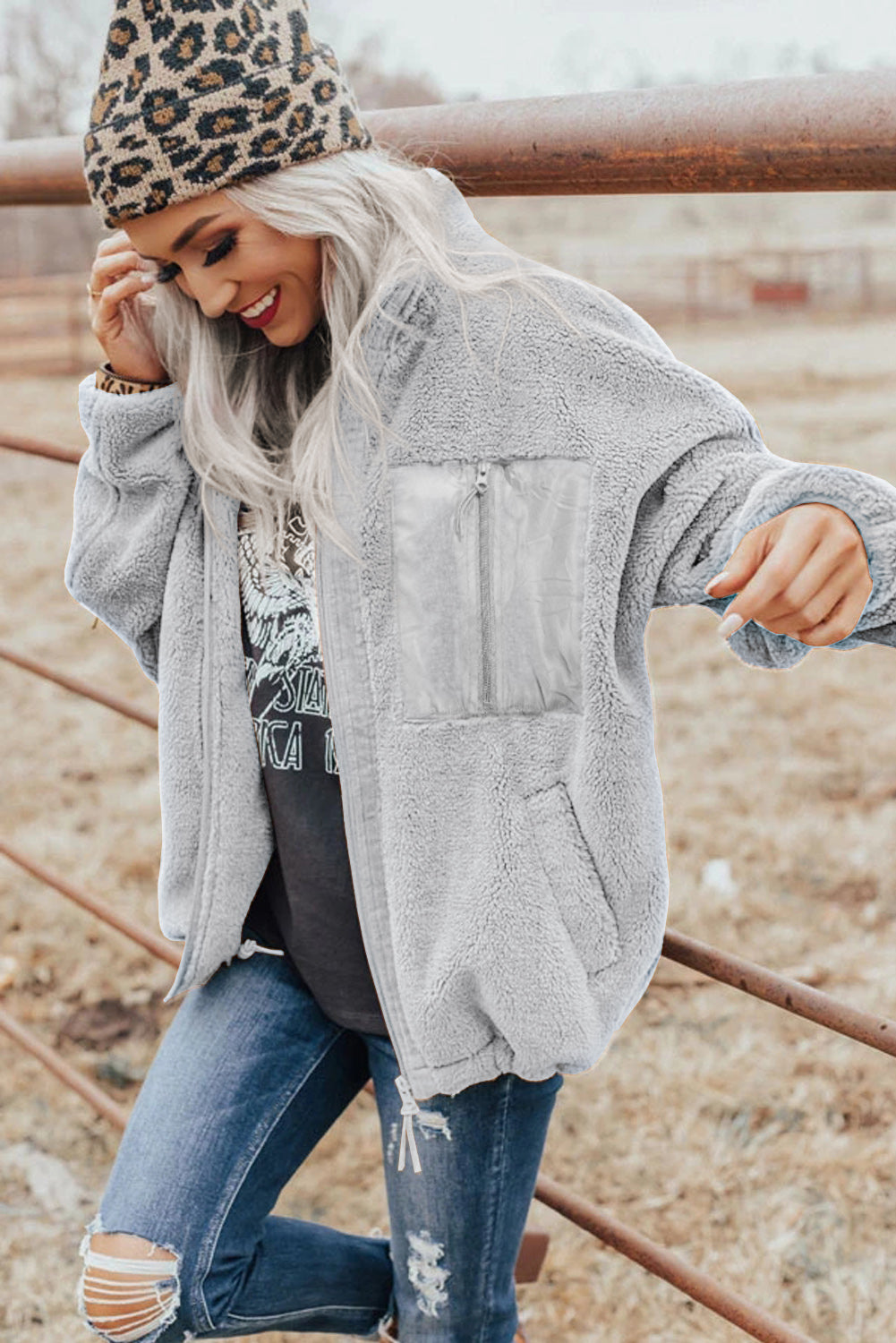 Gray Zip Up Sherpa Coat with Pocket