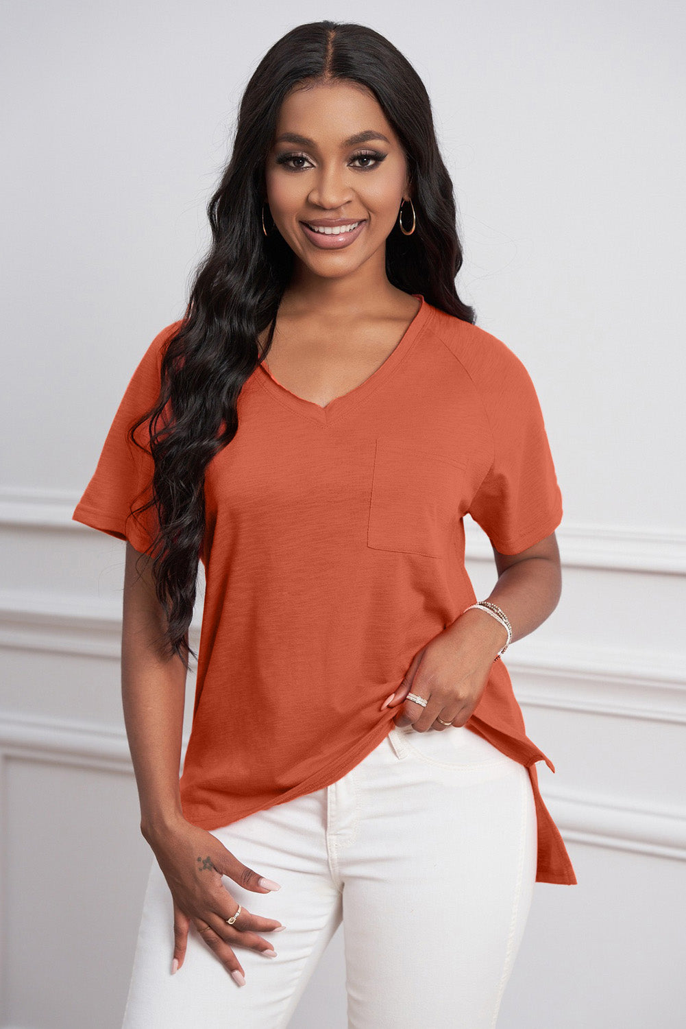 Orange V Neck Short Sleeves Cotton Blend Tee with Front Pocket and Side Slits