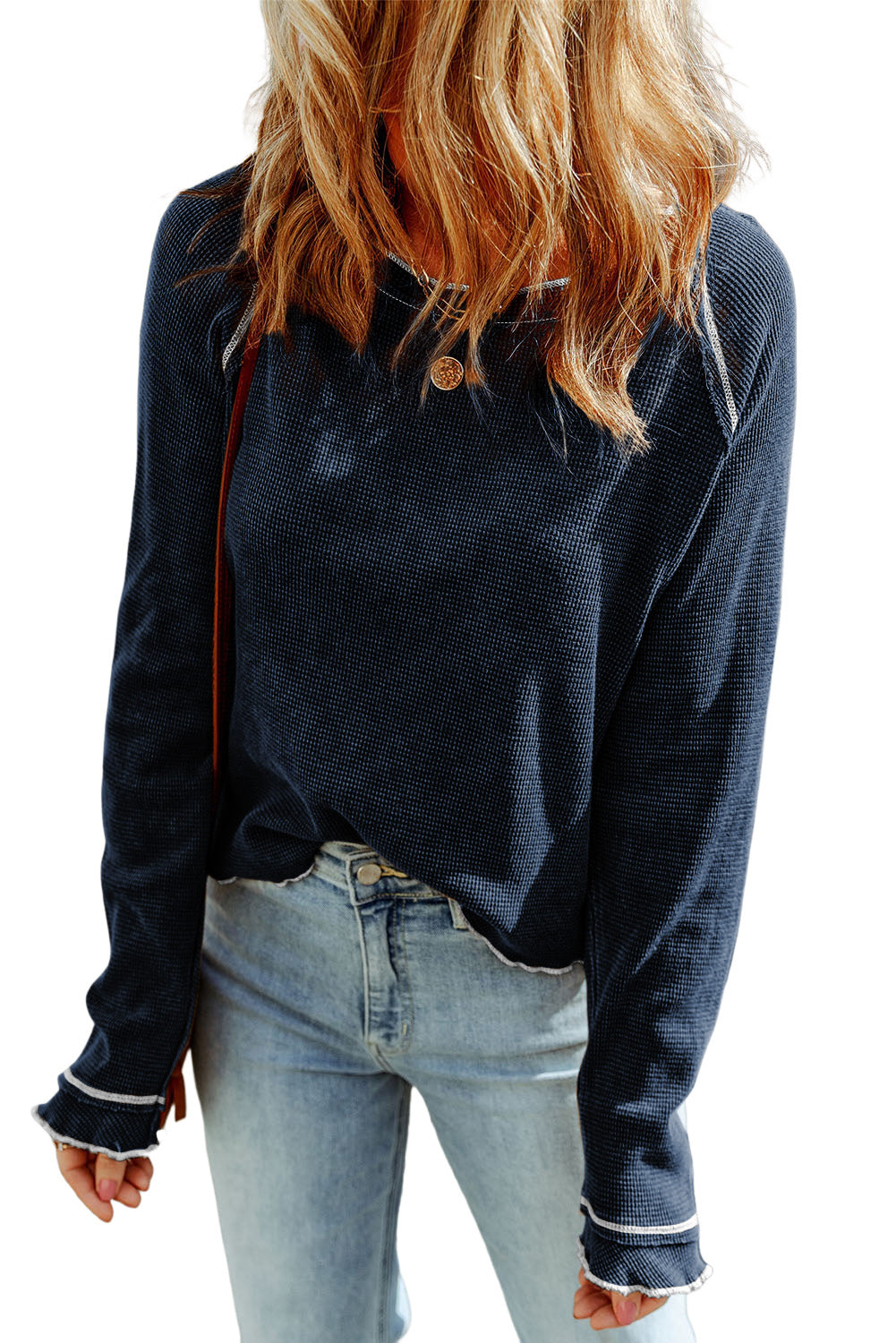 Blue Textured Round Neck Long Sleeve Top