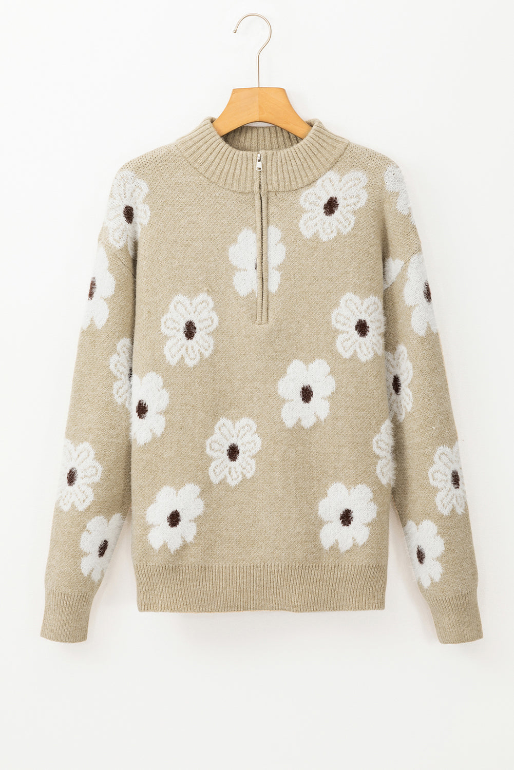 Khaki Floral Pattern Half Zip Drop Shoulder Sweater