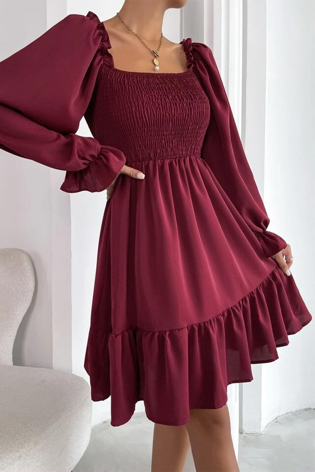 Burgundy Smocked Puff Sleeve Ruffle Mini Dress