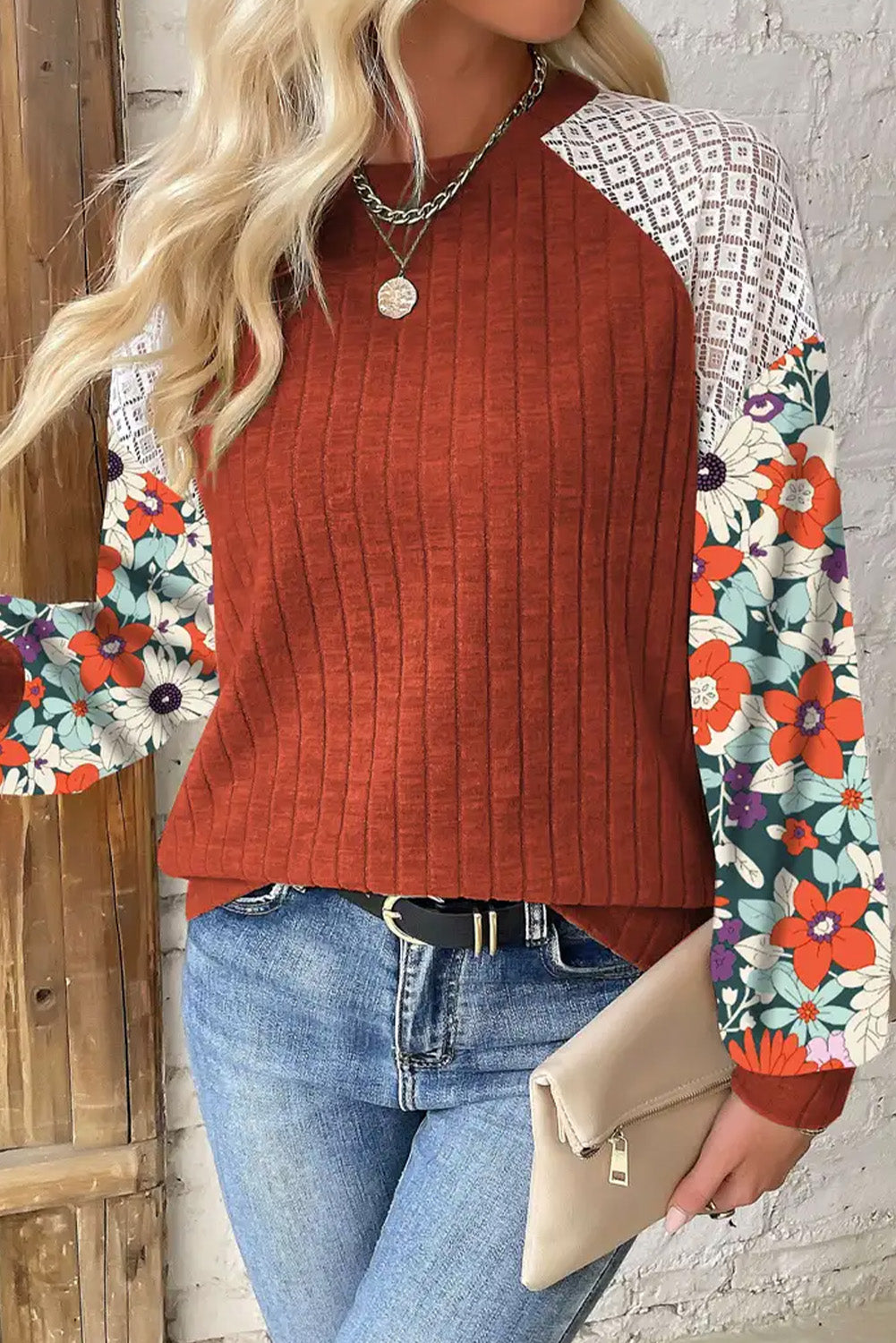 Cinnamon Floral Patchwork Long Sleeve Ribbed Blouse