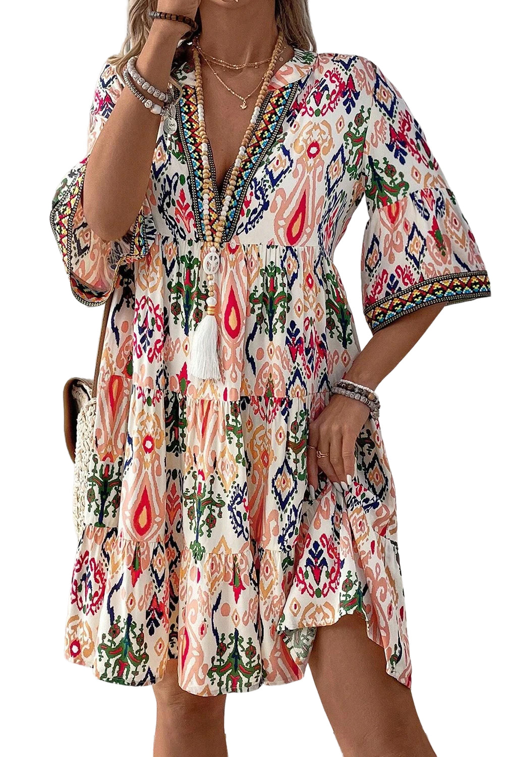 Multicolour Boho Print V Neck Bracelet Sleeve Mini Dress